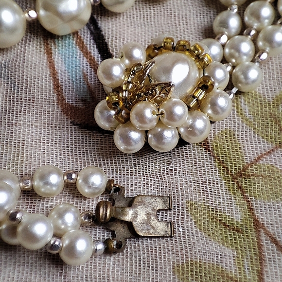 Three 3 Strand Faux Pearl Gold Tone Collar Necklace Clear AB Beads Japan Clasp - Picture 10 of 16